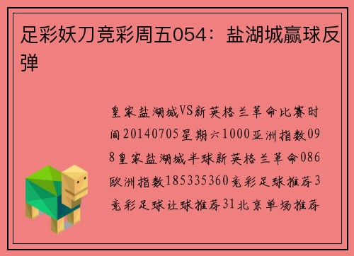 足彩妖刀竞彩周五054：盐湖城赢球反弹