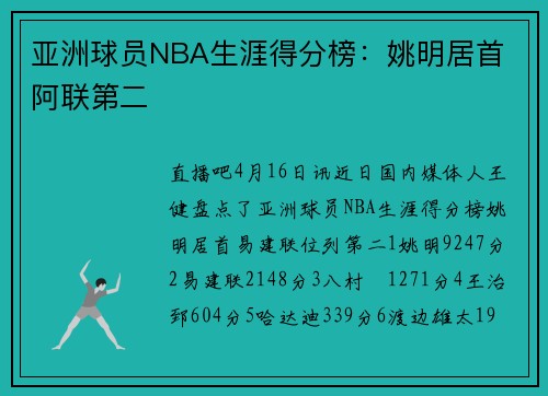 亚洲球员NBA生涯得分榜：姚明居首 阿联第二