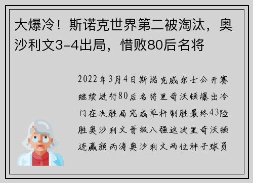 大爆冷！斯诺克世界第二被淘汰，奥沙利文3-4出局，惜败80后名将
