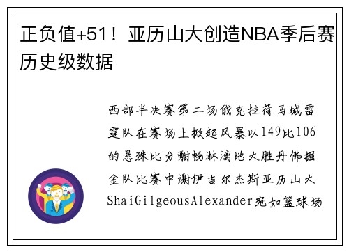 正负值+51！亚历山大创造NBA季后赛历史级数据